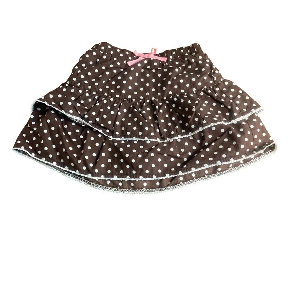 OshKosh B'gosh Skort Girls Brown Polka Dot Tiered Ruffle Lace‎ Trim SIZE 6